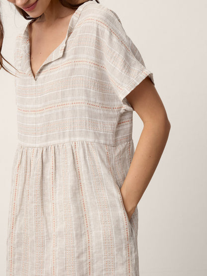 Linen Gathered-Hem Split-Neck Midi Dress SYDNEY
