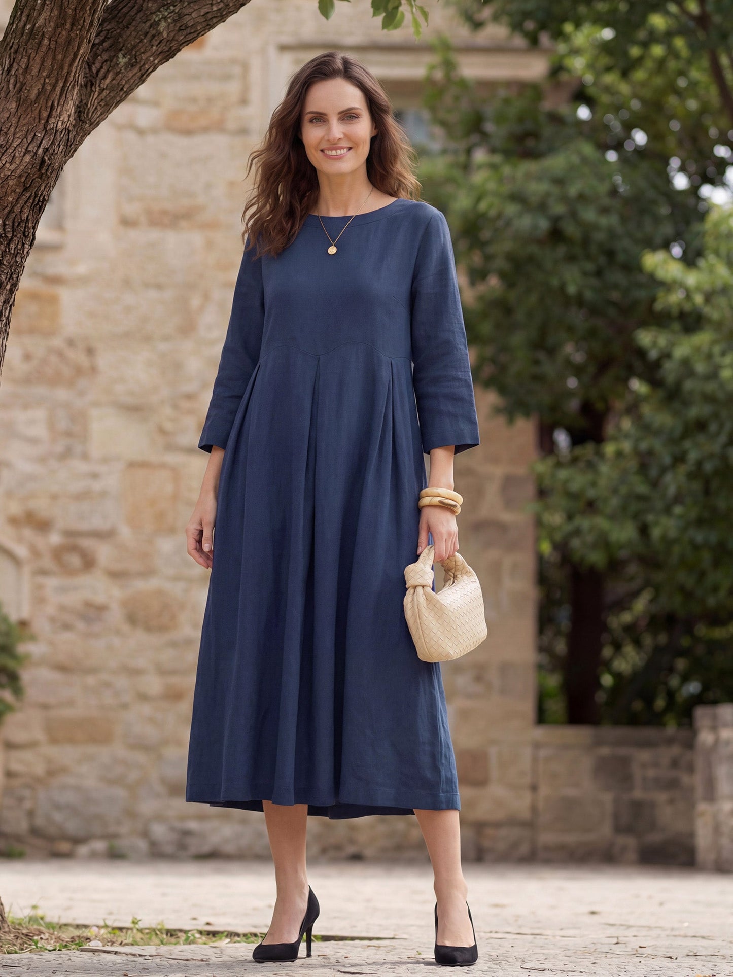 100% Linen Bateau Neck Pleated Maxi Dress