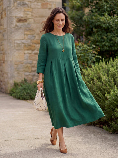 100% Linen Bateau Neck Pleated Maxi Dress