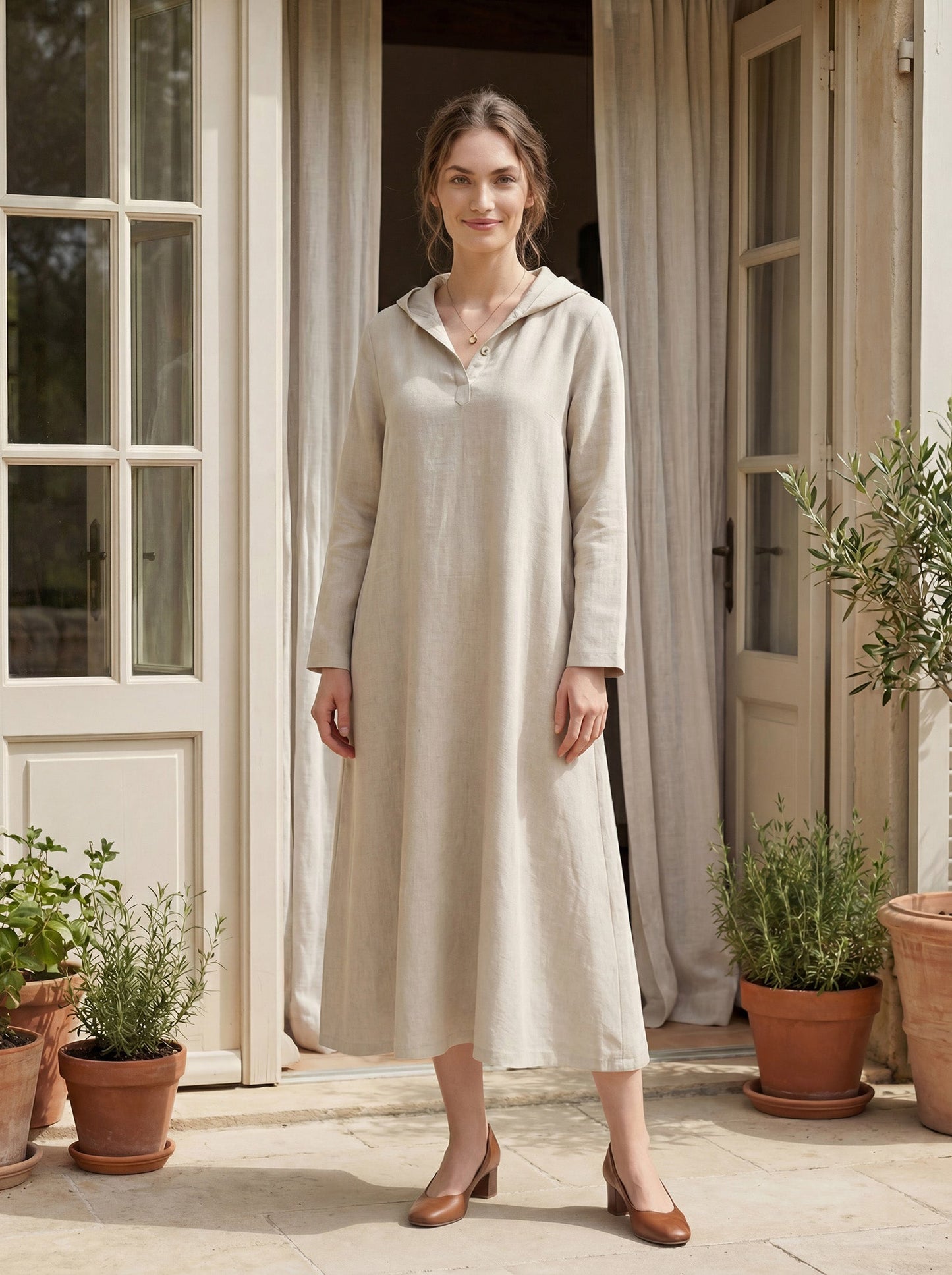 100% Linen Hooded Pullover Maxi Dress REBECCA