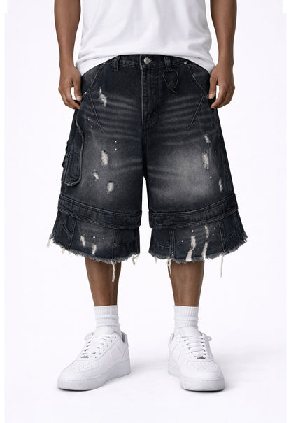 NOIR DISTRESSED CARGO SHORTS