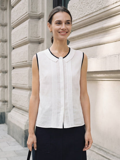 Linen-Lyocell Contrast Trim Pleated Sleeveless Top JUNIPER