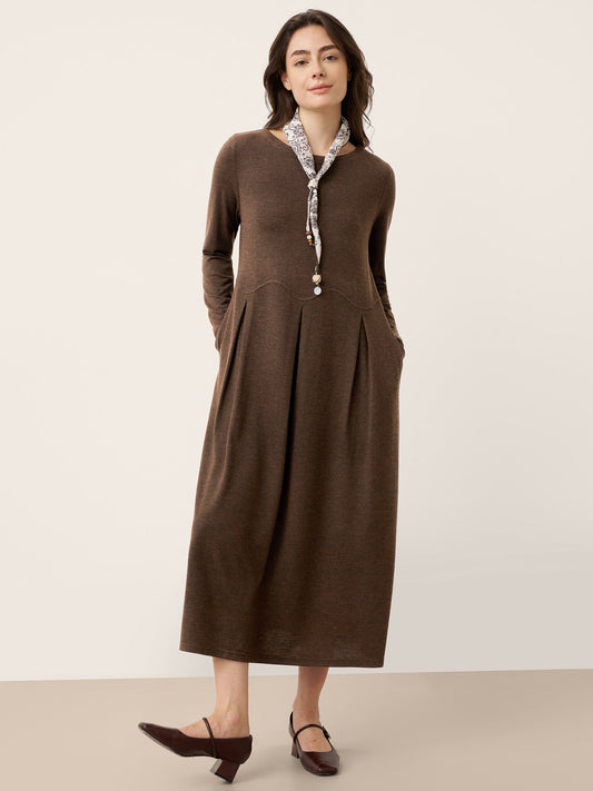 Wool Arc-Panel Sculpted Pleats Maxi Dress CALISTA