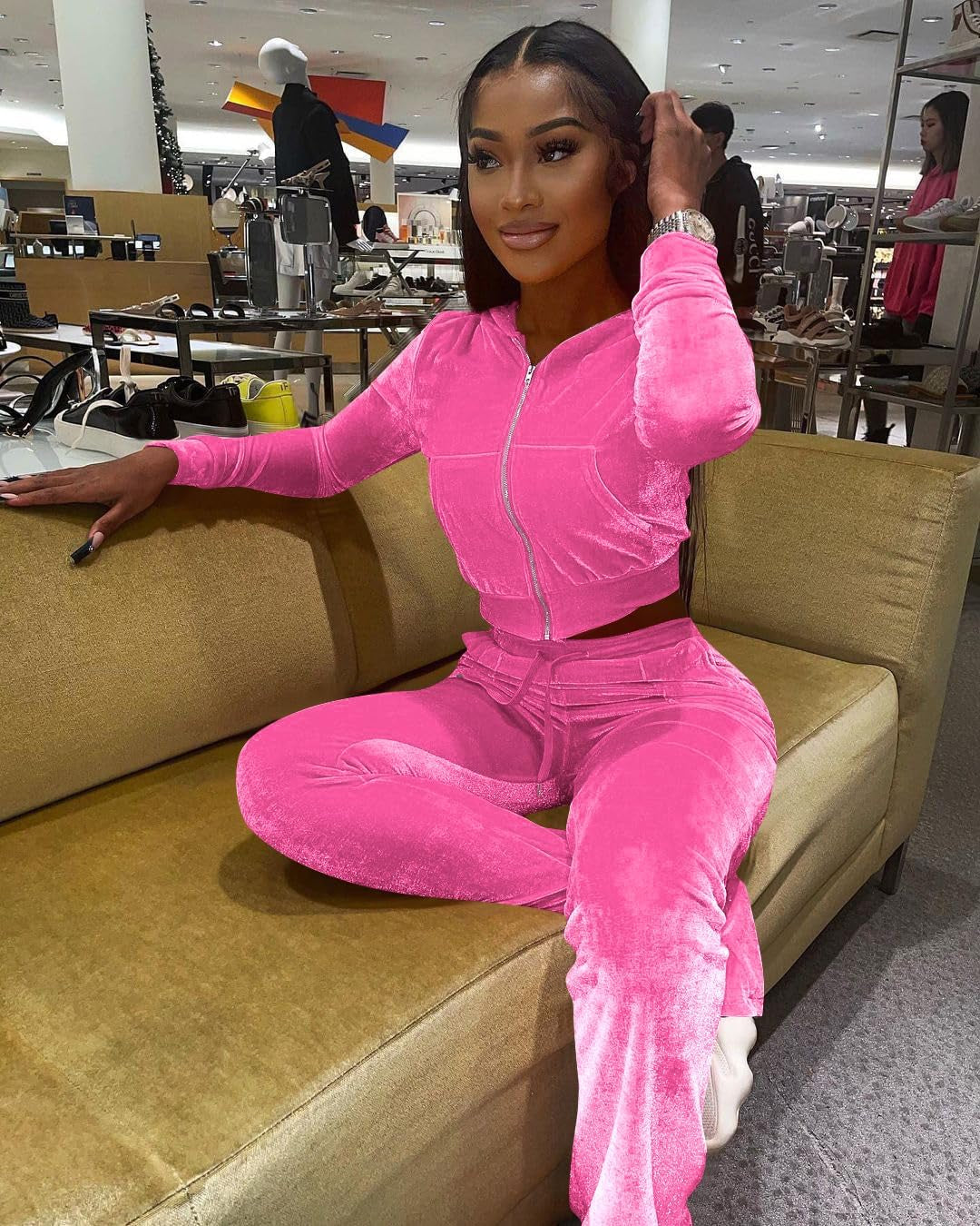 Womens Velour Tracksuit Two Piece Outfits for Women Long Sleeve Hooded Zip Crop Tops Flared Pants Set