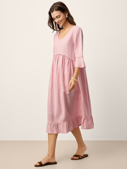 100% Linen V-Neck Ruffle Hem Midi Dress with Crochet Trim MARTHA