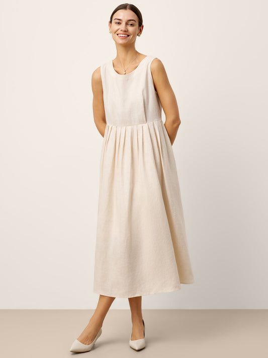 100% Linen Sleeveless Crew Neck Waist Pleated Maxi Dress SELENE